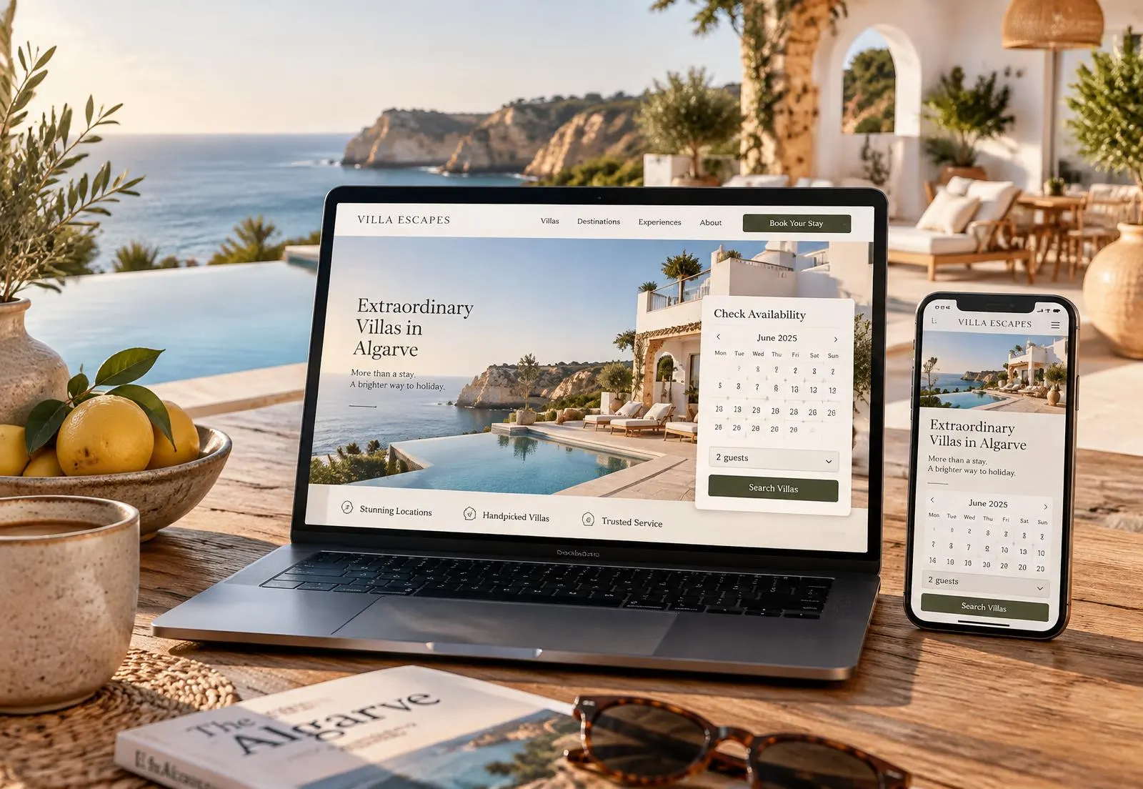 A villa booking website shown on a laptop and phone on a sunlit Algarve terrace
